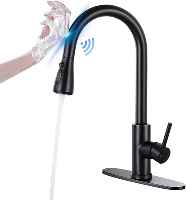 Tubina de cozinha preta fosca com pulverizador e design de latão de estilo contemporâneo