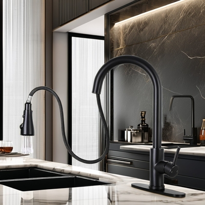 Tubina de cozinha preta fosca com pulverizador e design de latão de estilo contemporâneo
